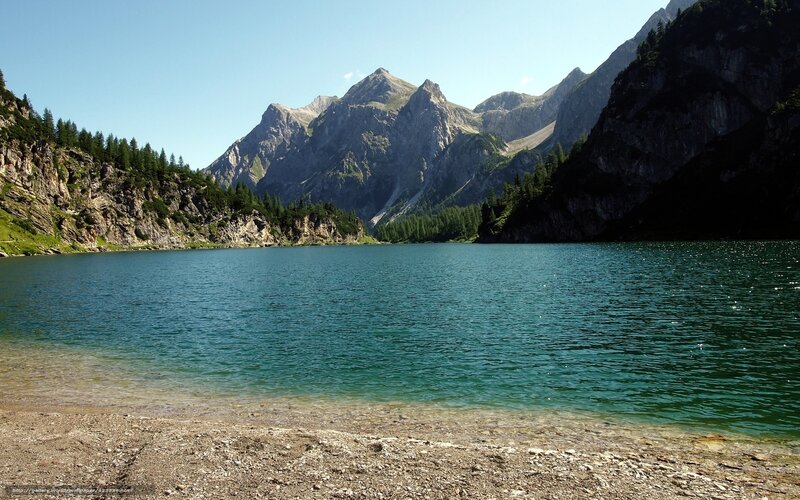 Alpine Lake and Mountains — Blue, Serene, Afternoon, Photograph, Trees, Shore