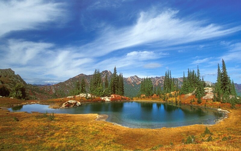 Alpine Lake and Mountains — Blue, Serene, Afternoon, Photograph, Trees, Sky, Green