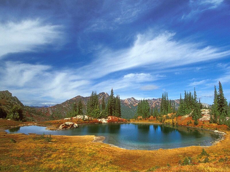 Alpine Lake and Mountains — Blue, Serene, Autumn, Photograph, Trees