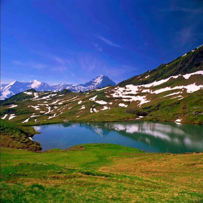 Alpine Lake and Mountains — Blue, Serene, Summer, Photograph, Snow