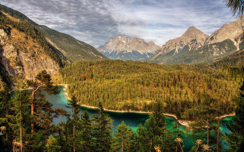 Alpine Lake and Mountains — Green, Serene, Afternoon, Photograph, Forest, Blue