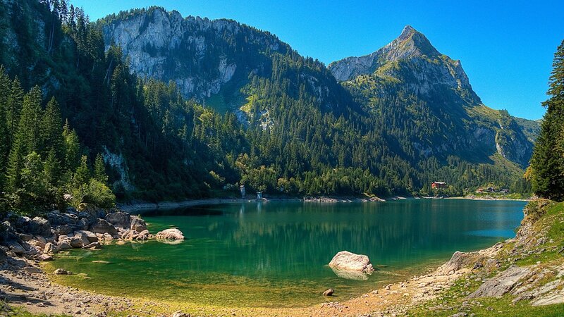 Alpine Lake and Mountains — Green, Serene, Afternoon, Photograph