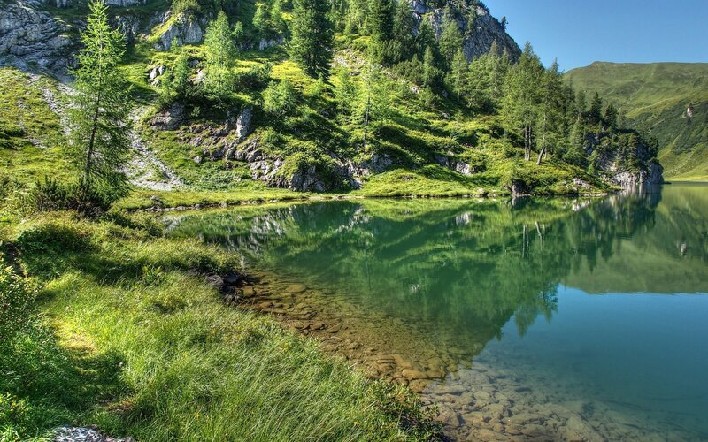 Alpine Lake and Mountains — Green, Serene, Afternoon, Photograph, Trees, Grass