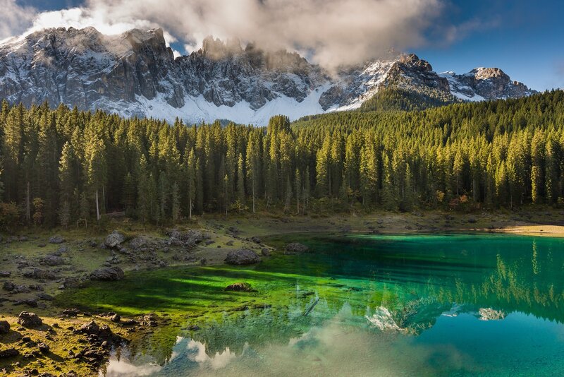 Alpine Lake and Mountains — Green, Serene, Morning, Photograph, Forest