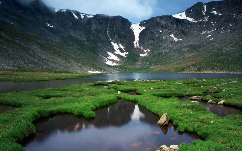 Alpine Lake and Mountains — Green, Serene, Summer, Photograph, Snow