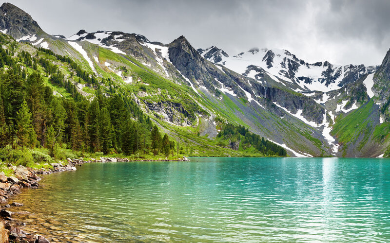 Alpine Lake and Mountains — Green, Serene, Summer, Photograph