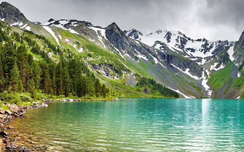 Alpine Lake and Mountains — Green, Serene, Summer, Photograph, Trees