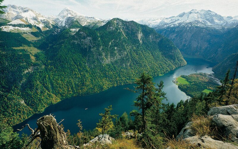 Alpine lake and snow-capped mountains