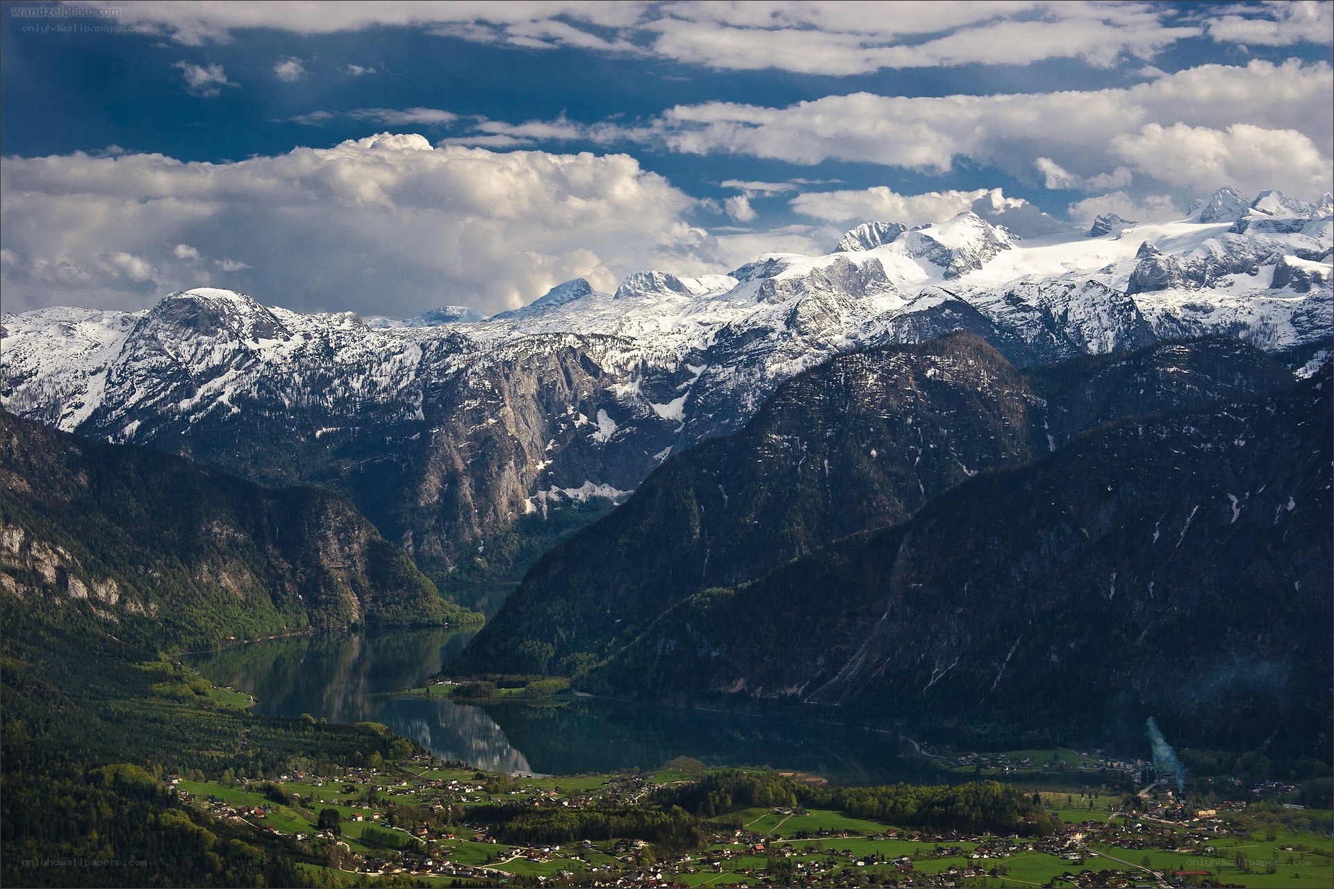 Alpine lake and snow-capped mountains