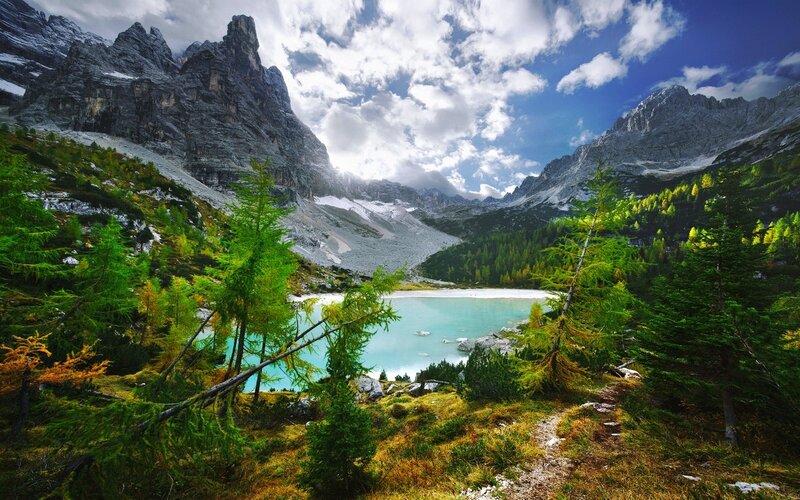 Alpine Lake in Mountains — Blue, Serene, Afternoon, Photograph, Trees, Clouds
