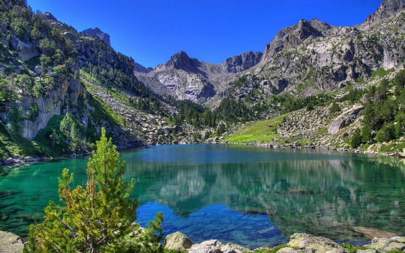 Alpine Lake in Mountains — Blue, Serene, Afternoon, Photograph, Trees
