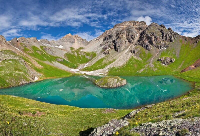 Alpine Lake in Mountains — Blue, Serene, Summer, Photograph, Grass, Sky