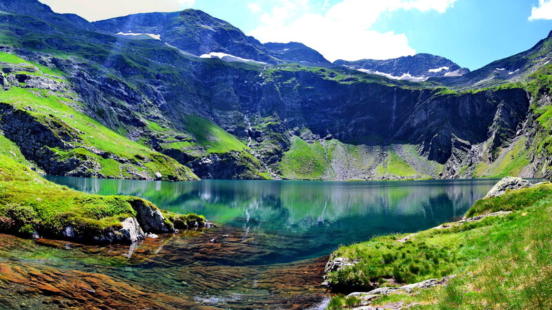 Alpine Lake in Mountains — Green, Serene, Afternoon, Photograph