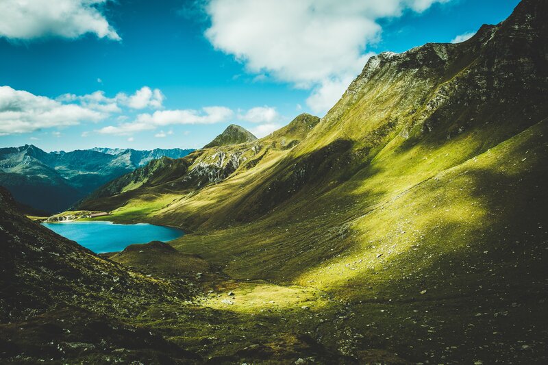 Alpine Lake in Valley — Blue, Serene, Afternoon, Photograph, Mountains, Clouds