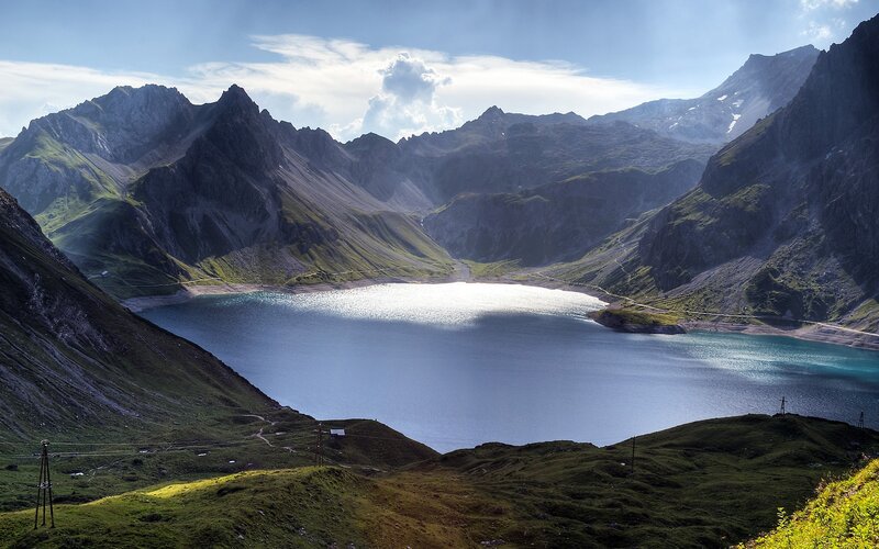 Alpine Lake in Valley — Blue, Serene, Afternoon, Photograph, Mountains, Sky, Grassy Slopes, Green
