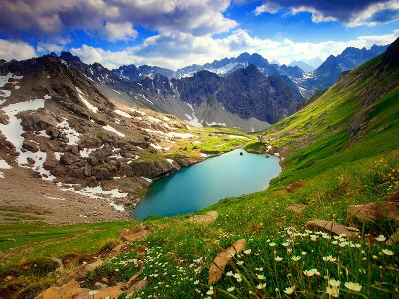 Alpine Lake in Valley — Blue, Serene, Summer, Photograph, Mountains, Snow Patches