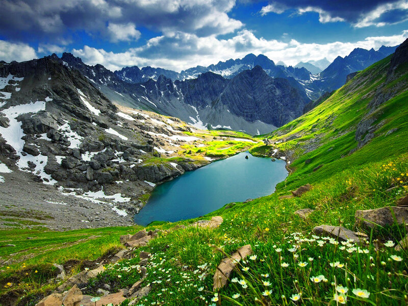 Alpine Lake in Valley — Blue, Serene, Summer, Photograph, Mountains, Snow