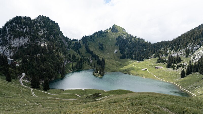 Alpine Lake in Valley — Green, Serene, Afternoon, Photograph, Mountains, Forest, Path