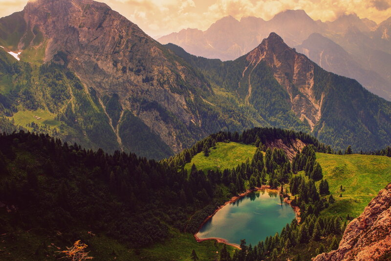Alpine Lake in Valley — Green, Serene, Sunset