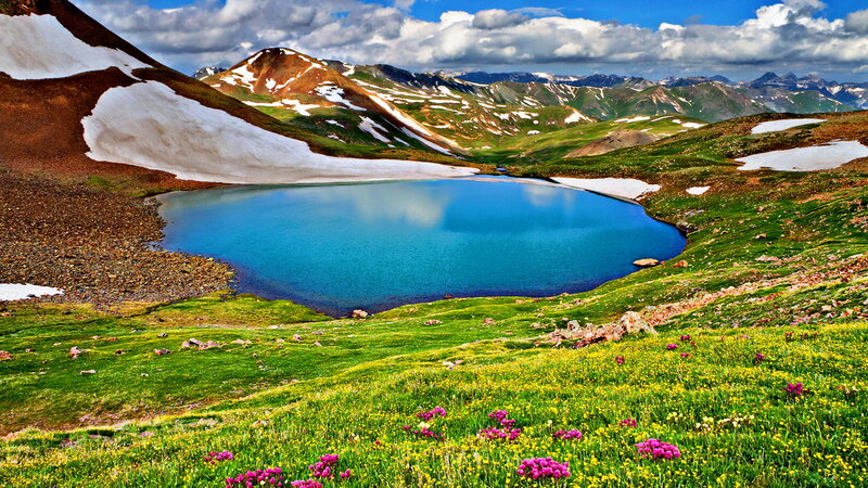 Alpine Lake with Flowers — Blue, Serene, Summer