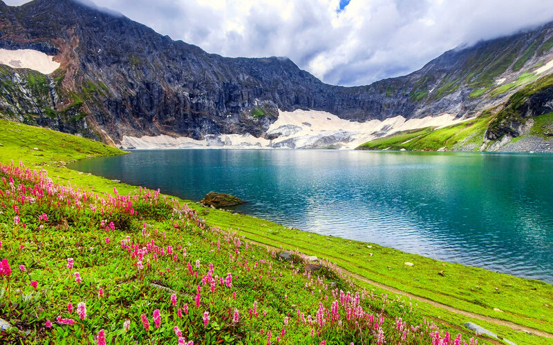 Alpine Lake with Flowers — Green, Serene, Summer, Photograph, Mountains, Snow