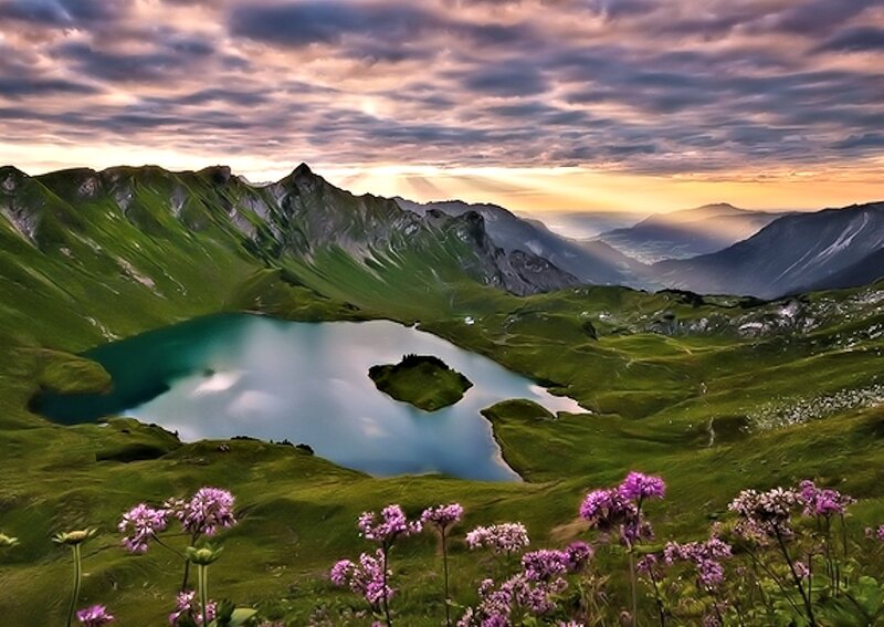 Alpine Lake with Island — Green