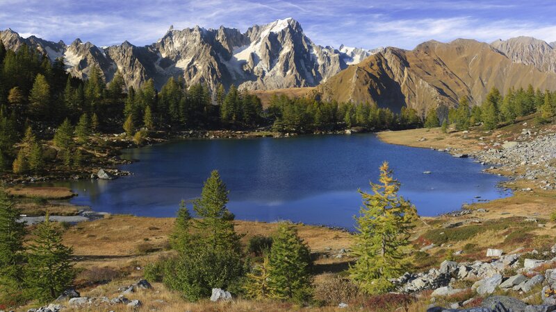 alpine lake with mountain backdrop
