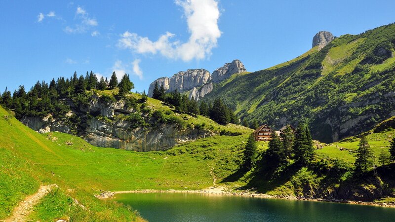 alpine lake with mountain hut