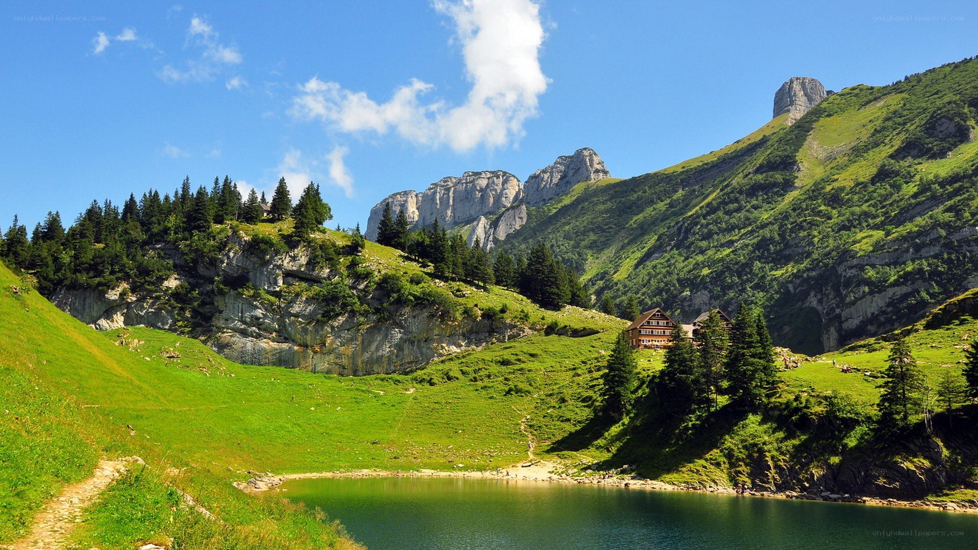 alpine lake with mountain hut