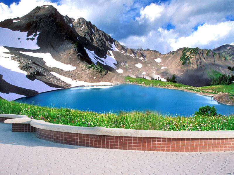 Alpine Lake with Mountains — Blue, Serene, Afternoon, Photograph, Flowers
