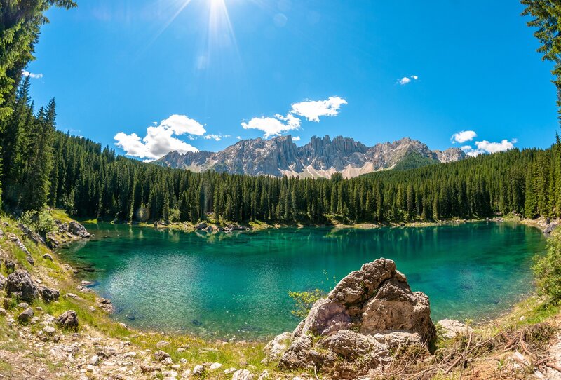 Alpine Lake with Mountains — Blue, Serene, Afternoon, Photograph, Forest, Sun