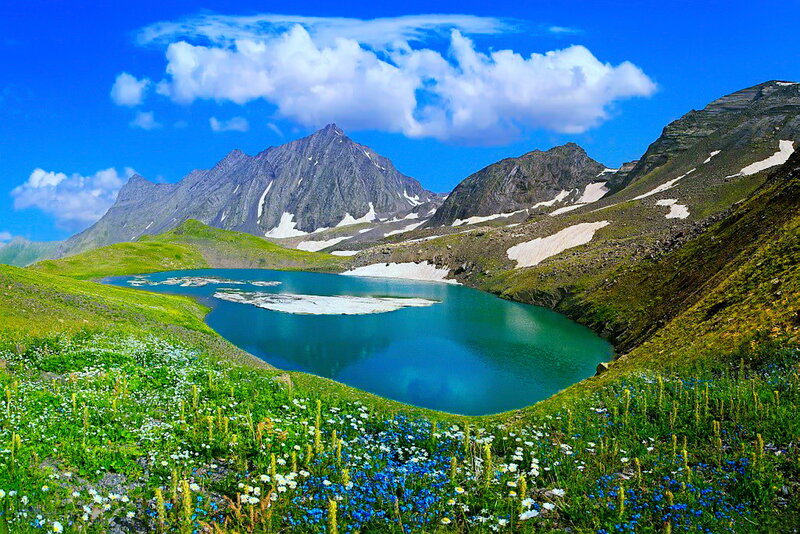 Alpine Lake with Mountains — Blue, Serene, Summer, Photograph, Flowers, Clouds