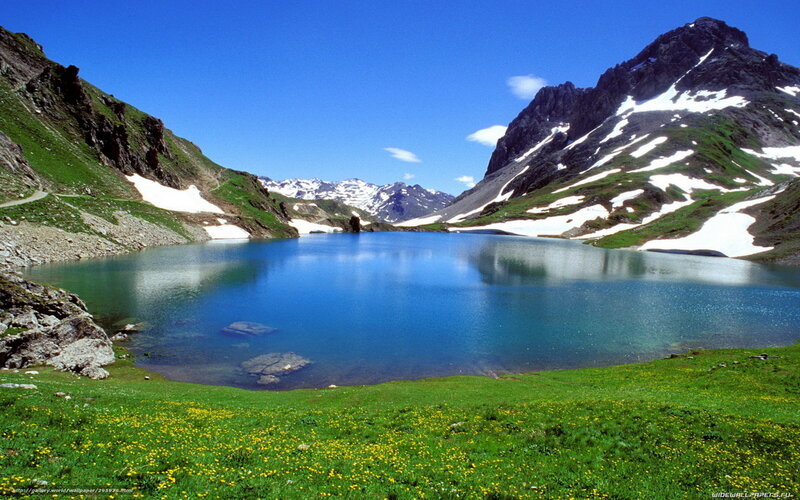Alpine Lake with Mountains — Blue, Serene, Summer, Photograph, Snow, Grass