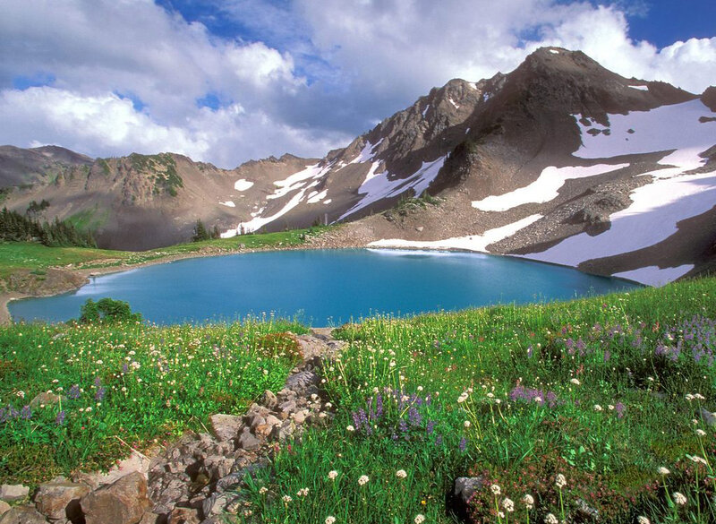Alpine Lake with Mountains — Blue, Serene, Summer, Photograph