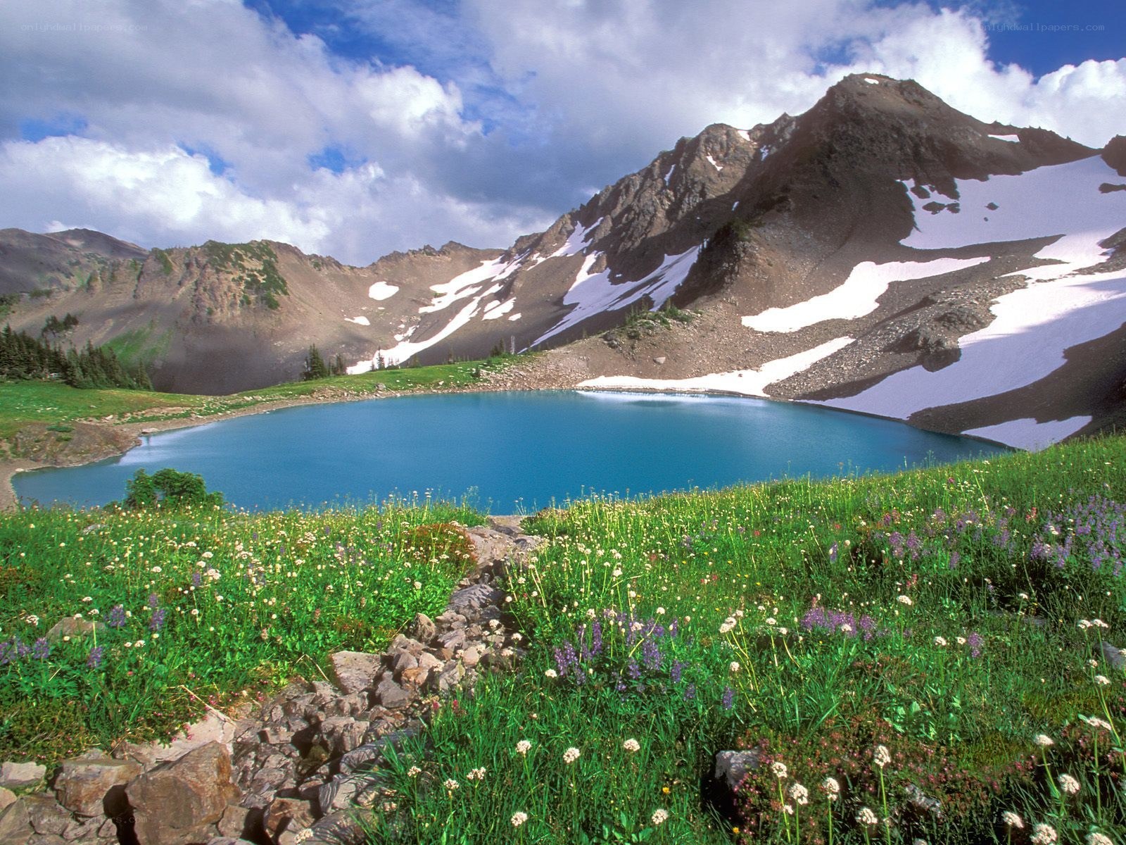 alpine lake with snow-capped mountains