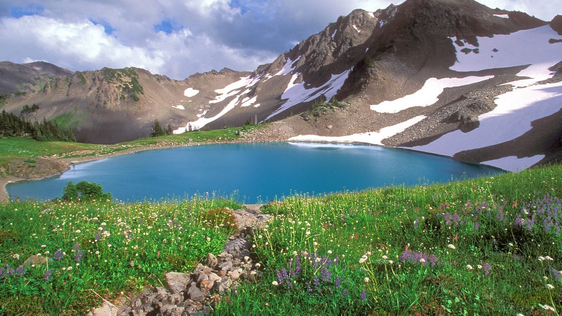 alpine lake with snow-capped mountains