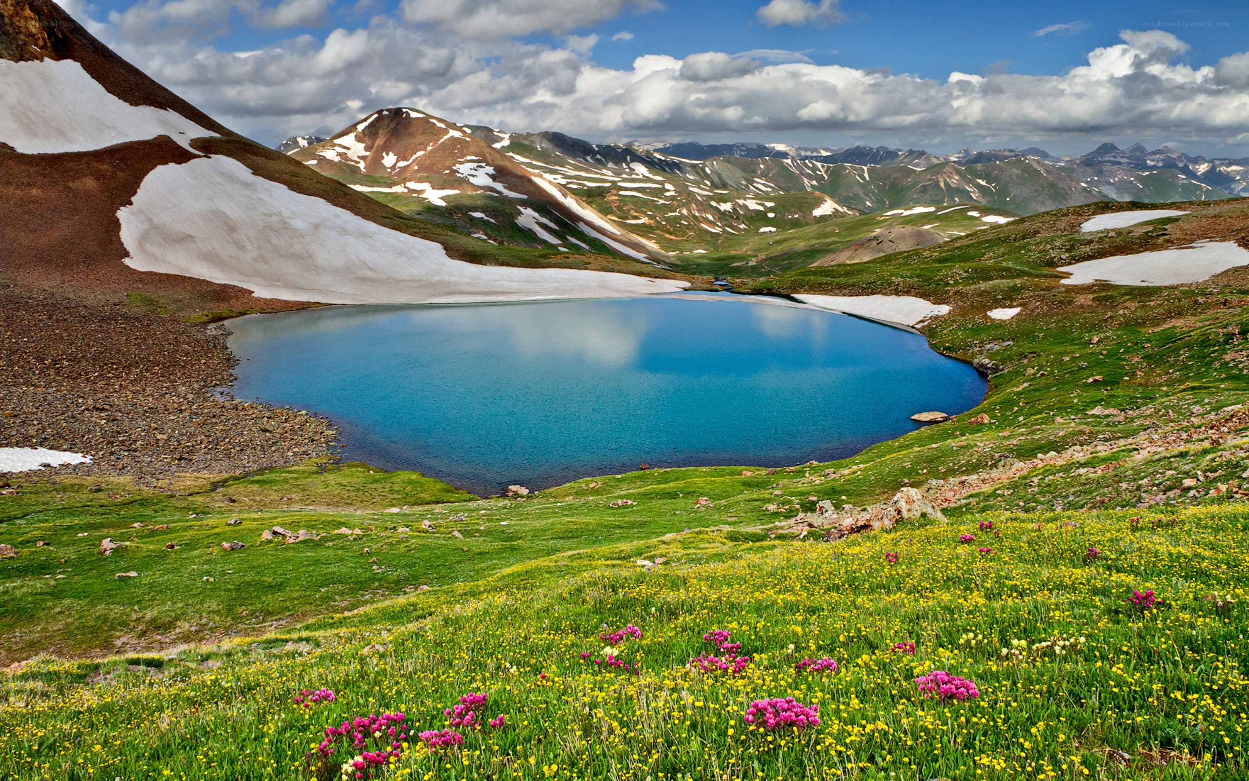alpine lake with snow-capped mountains