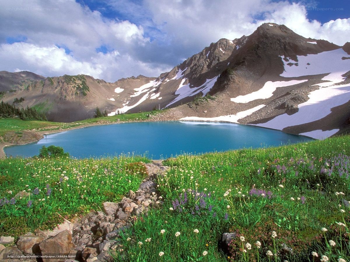 alpine lake with snow-capped mountains