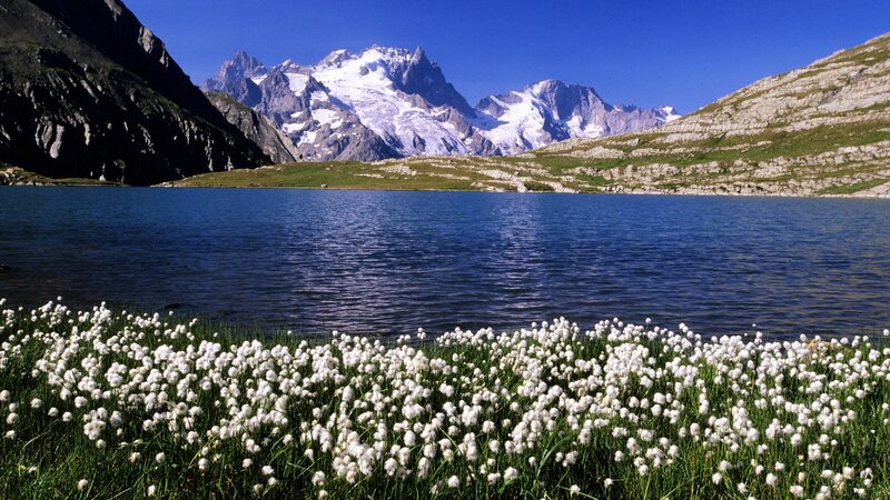 Alpine lake with snow-capped peaks