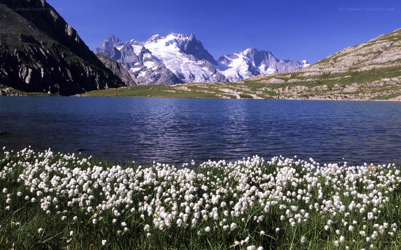 Alpine lake with snow-capped peaks