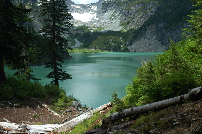 alpine lake with snow-capped peaks