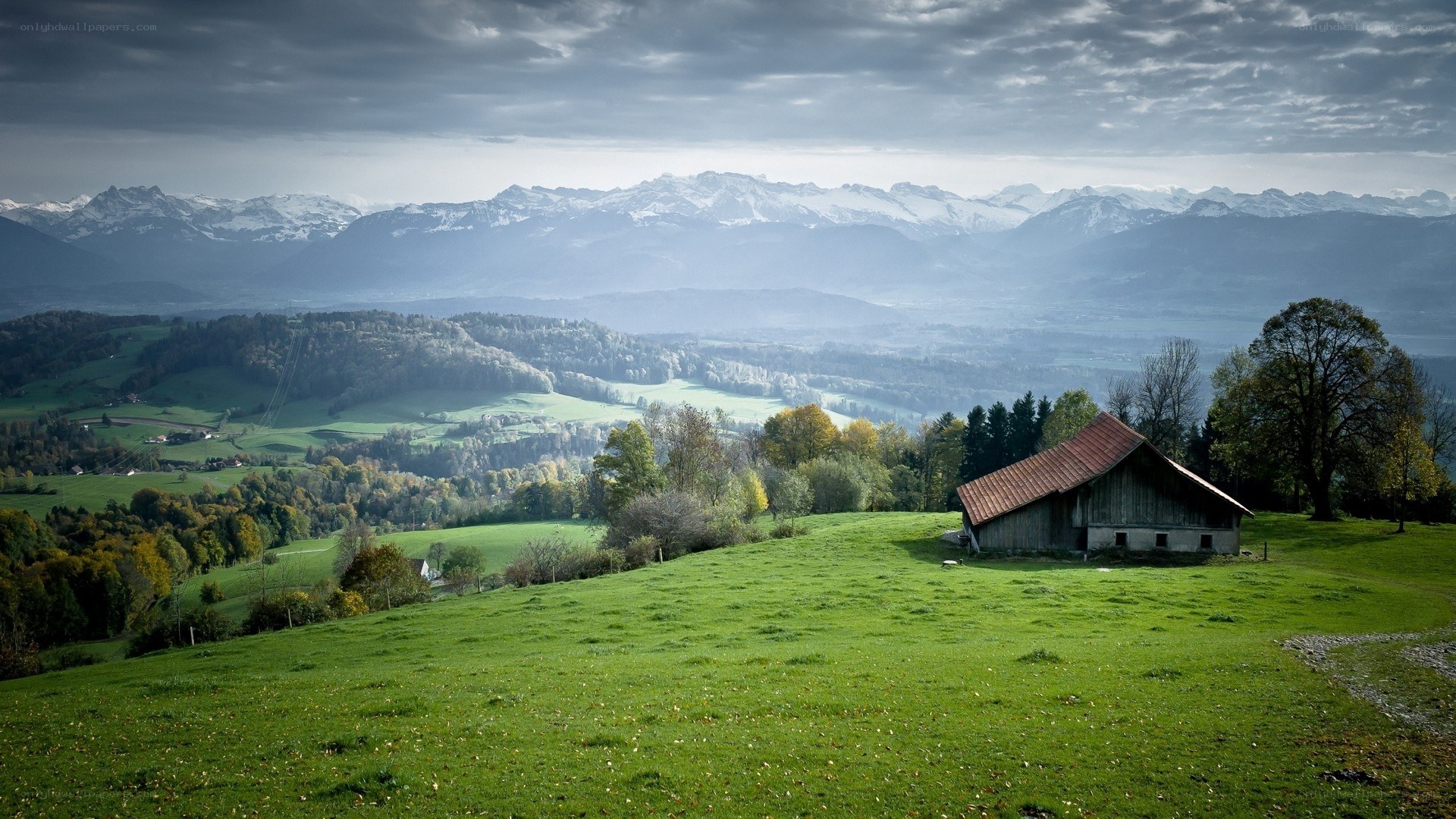 Alpine landscape with barn