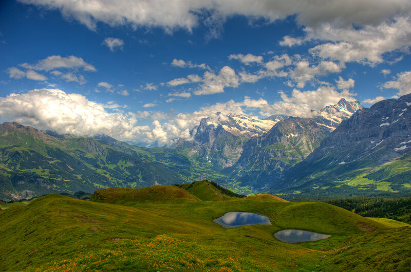Alpine meadows with mountain peaks