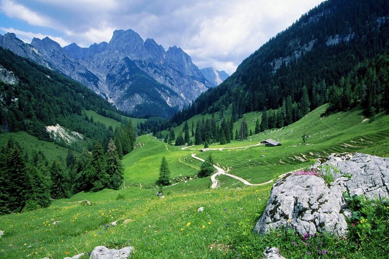 Alpine Valley Landscape — Green, Serene, Summer, Photograph, Mountains, Forests, Hut
