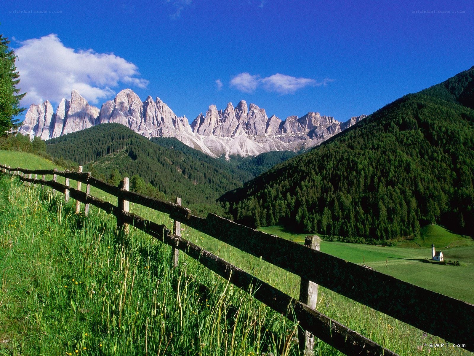 Alpine valley with mountain peaks