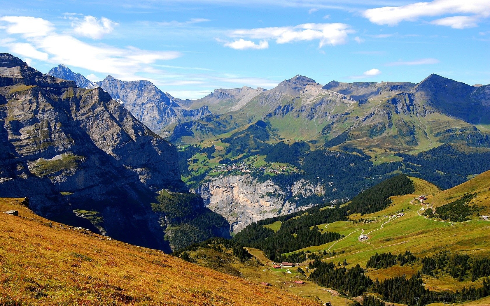 Alpine valley with mountain peaks