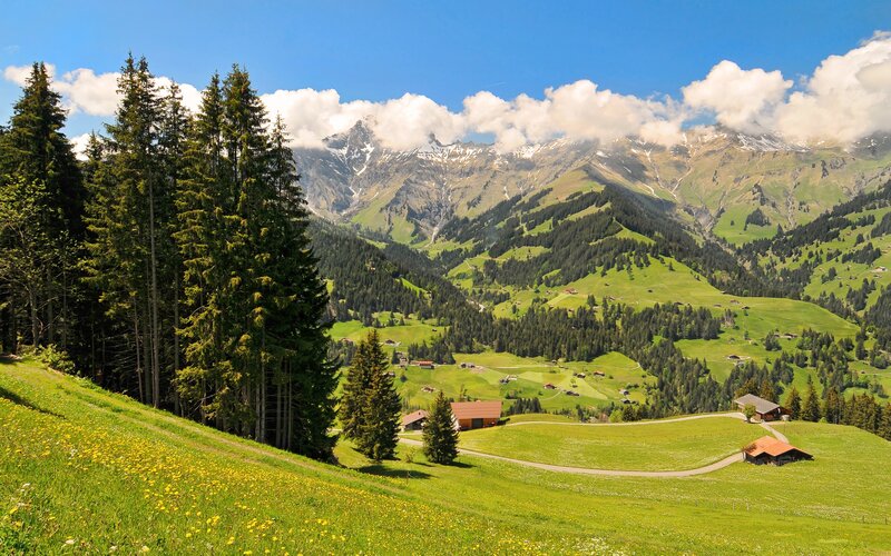 Alpine valley with snow-capped mountains