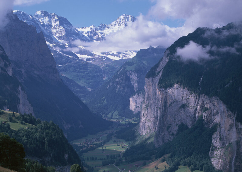 Alpine valley with snow-capped peaks