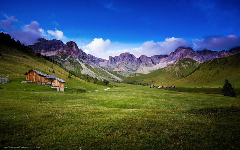 Alpine valley with wooden cabins