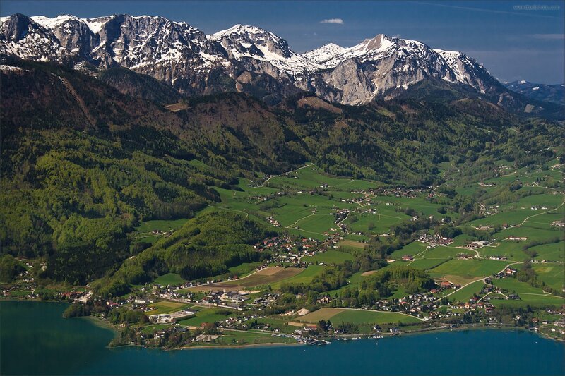 Alpine village by a lake